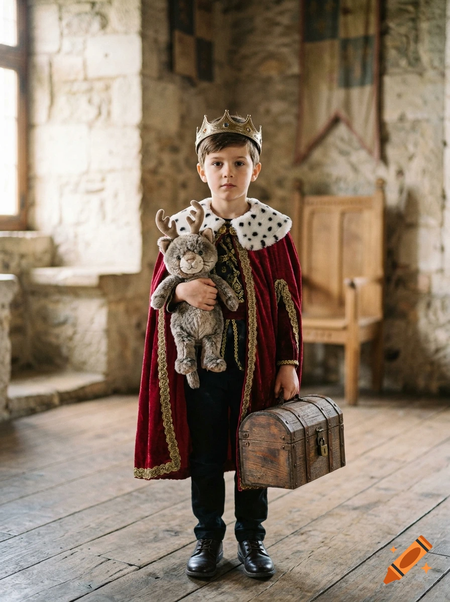 Photorealistic image of a young boy dressed as a king, holding a plush toy and a small wooden chest inside a stone castle.