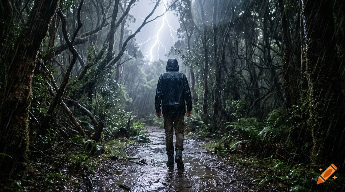 A person in a black raincoat walking away on a muddy path through a dense forest during a heavy thunderstorm with lightning.
