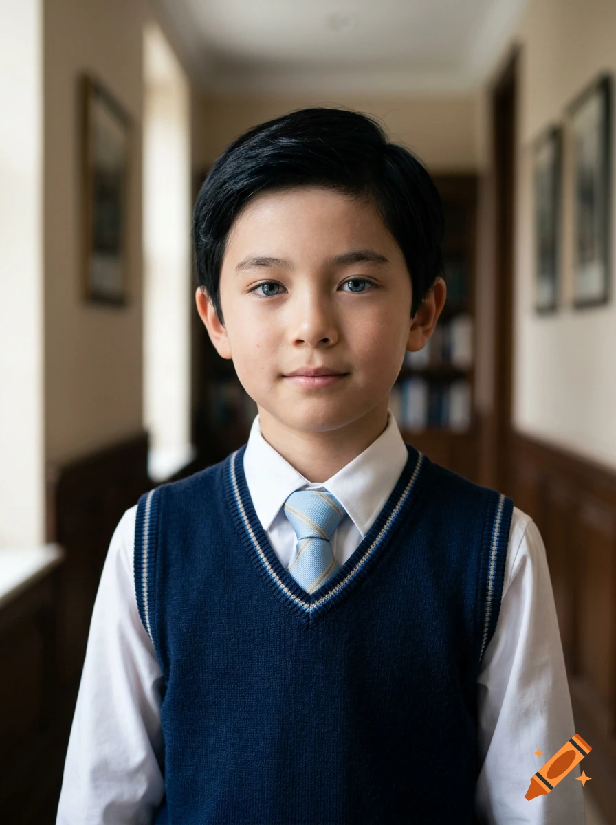 Photorealistic portrait of a young boy with dark hair and blue eyes wearing a school uniform in a hallway.