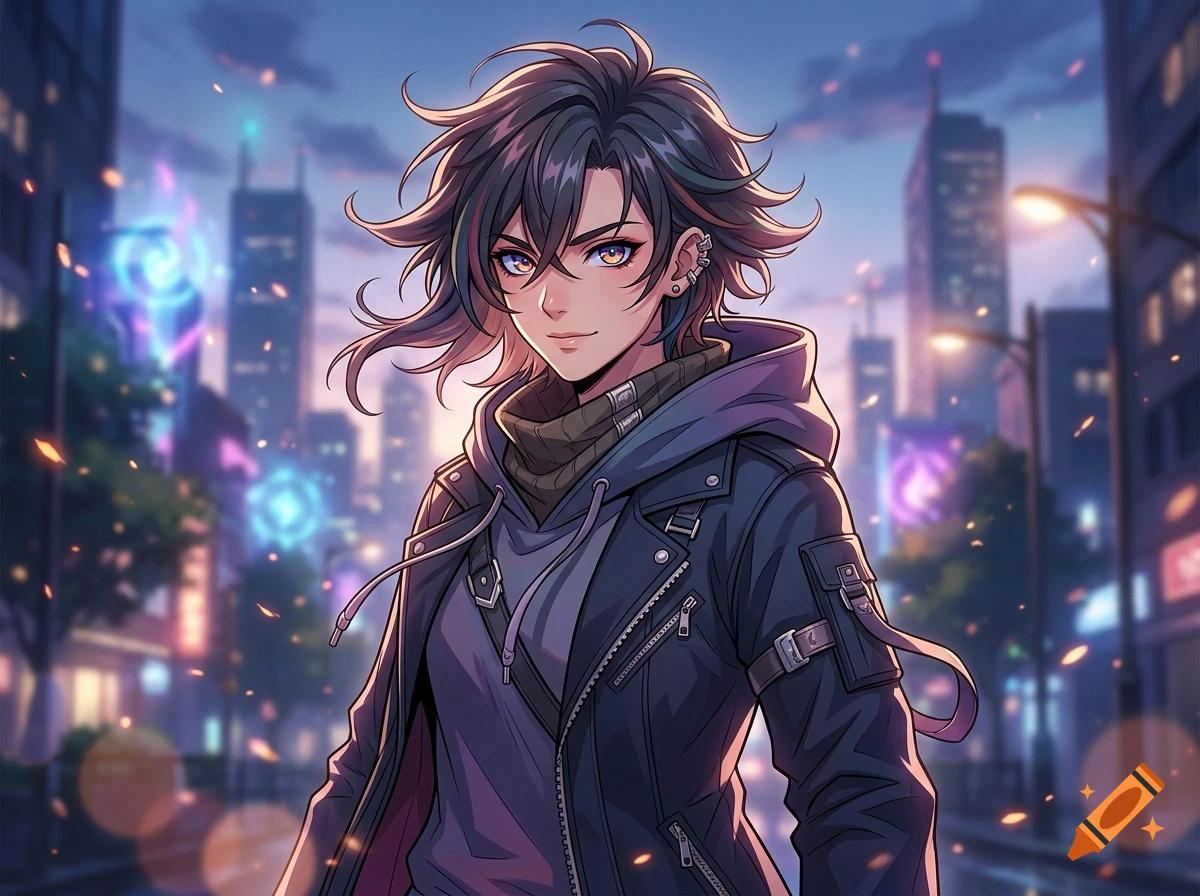 Anime style illustration of a person with spiky dark hair and a jacket standing in a city street at dusk.