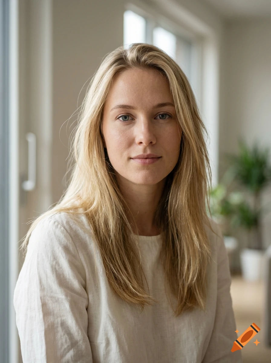Photorealistic portrait of a young blonde woman with long hair wearing a white top.