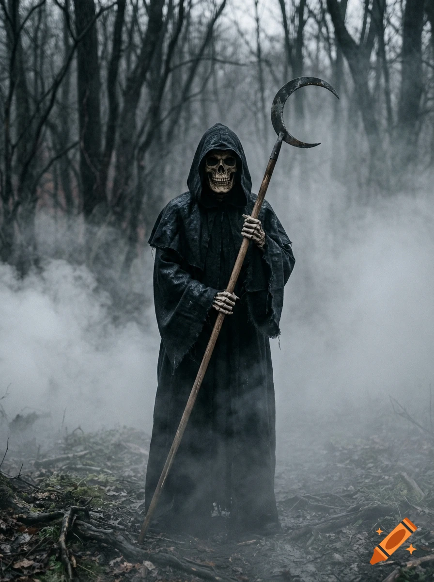 Photorealistic grim reaper in a dark, foggy forest holding a scythe.