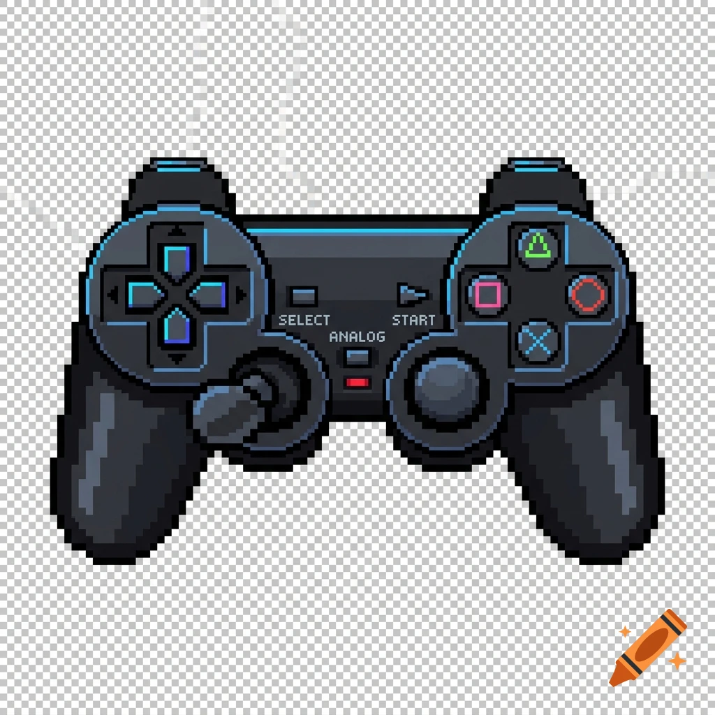 Pixel art illustration of a black retro game controller with a bent analog stick on a transparent background.