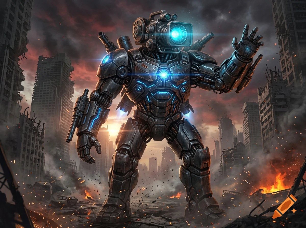 A heavily armored robot with a camera-like head stands amidst the ruins of a destroyed city.