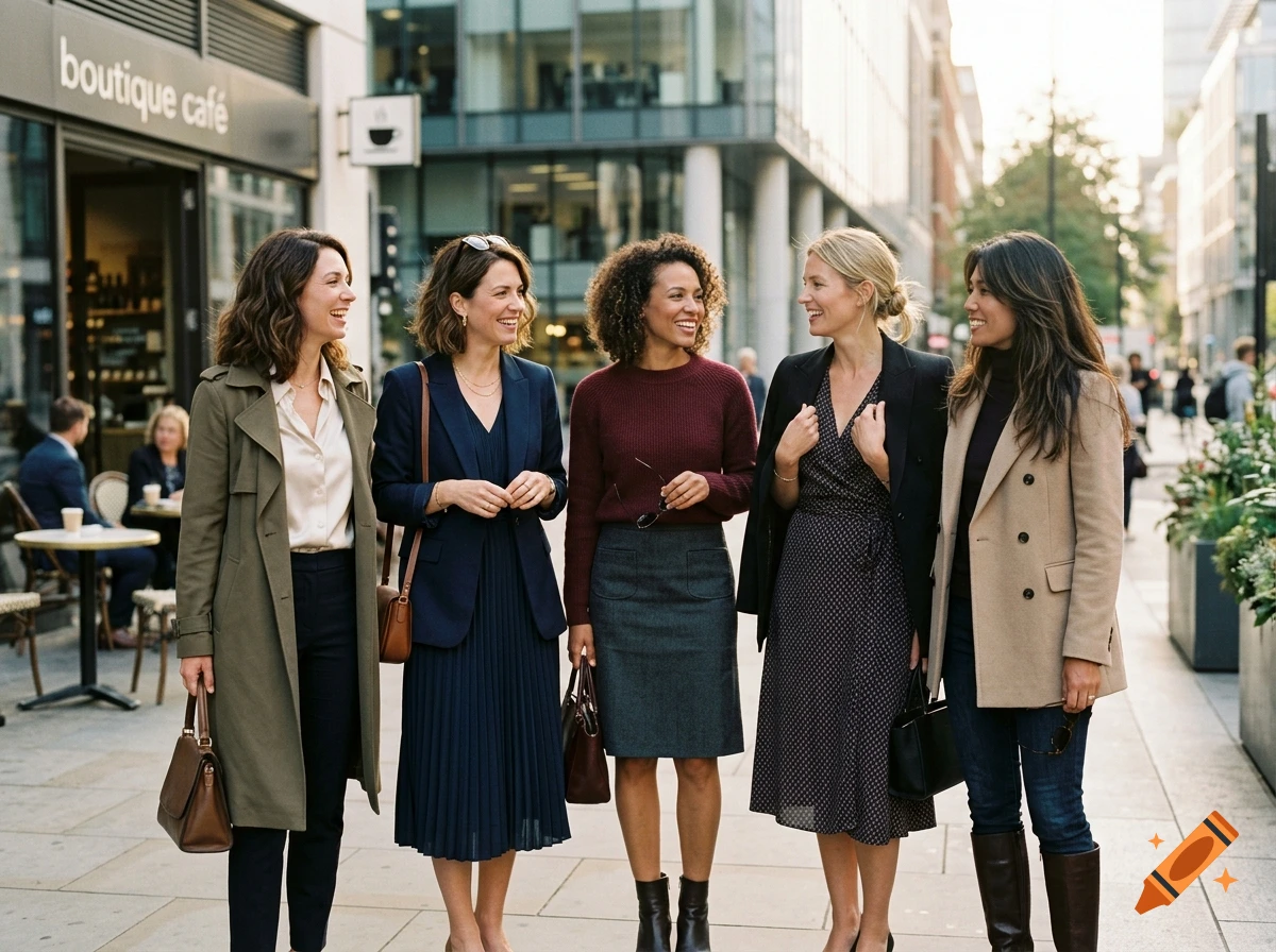 Five stylish women walking together on a city sidewalk past a boutique cafe, photorealistic.