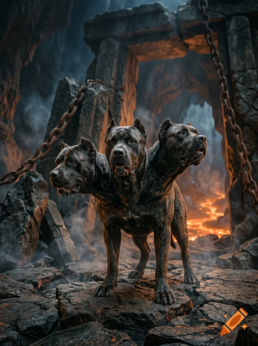 Photorealistic image of Cerberus, a three-headed dog standing in a dark, rocky cave with glowing lava rivers in the background.