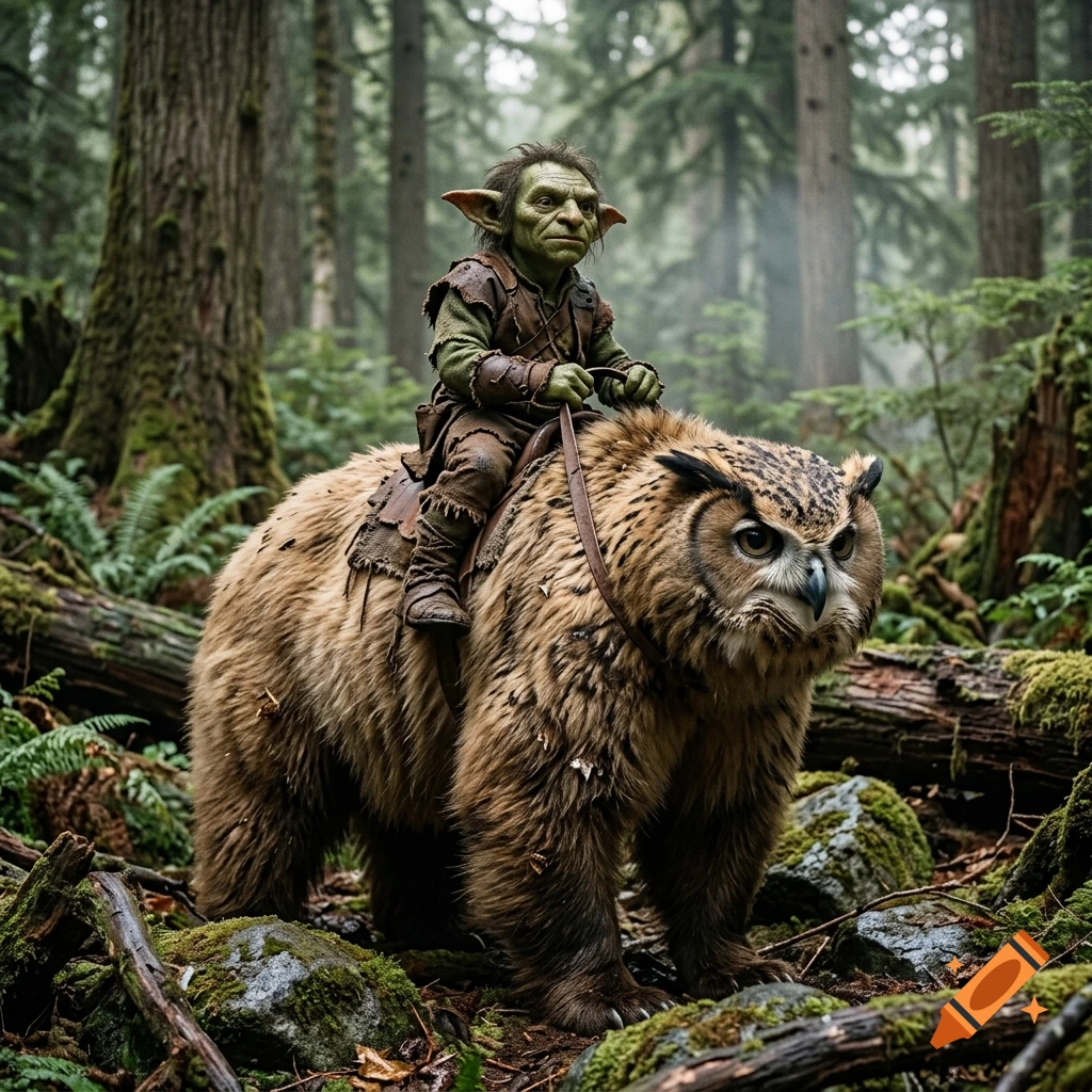 Photorealistic image of a small goblin riding a large, furry owl-bear creature through a misty forest.