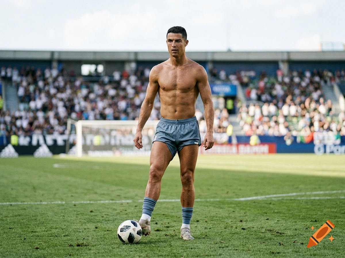 Photorealistic image of Cristiano Ronaldo shirtless standing on a soccer field with a soccer ball at his feet.