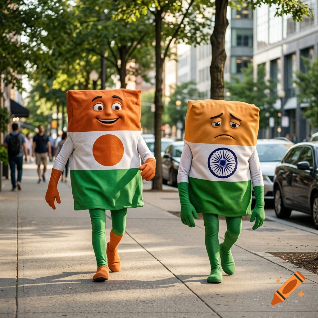 Two personified flag mascots walking down a city sidewalk, one happy with the Niger flag and one sad with the Indian flag, photorealistic.