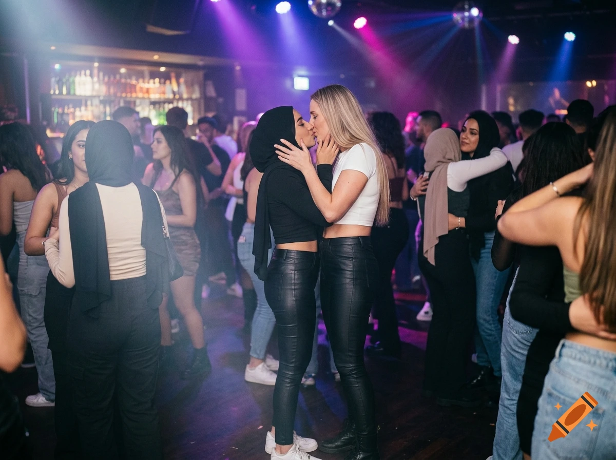 Photorealistic image of two women kissing in a crowded nightclub with purple and blue lighting.