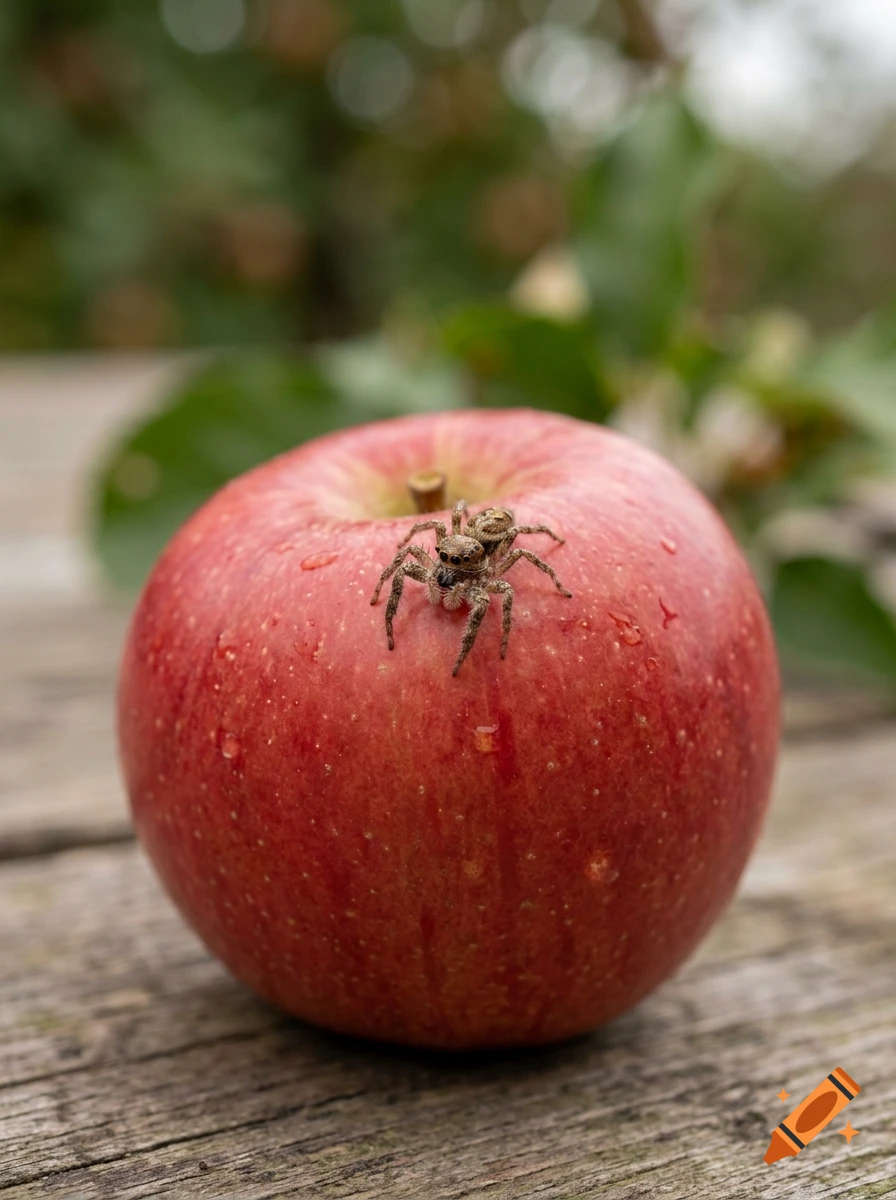 A small jumping spider sits on top of a red apple on a wooden surface.