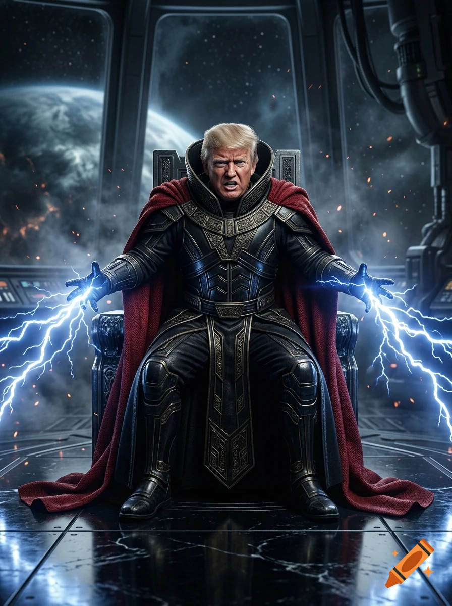 Photorealistic image of Donald Trump as a space emperor sitting on a throne, shooting lightning from his hands.