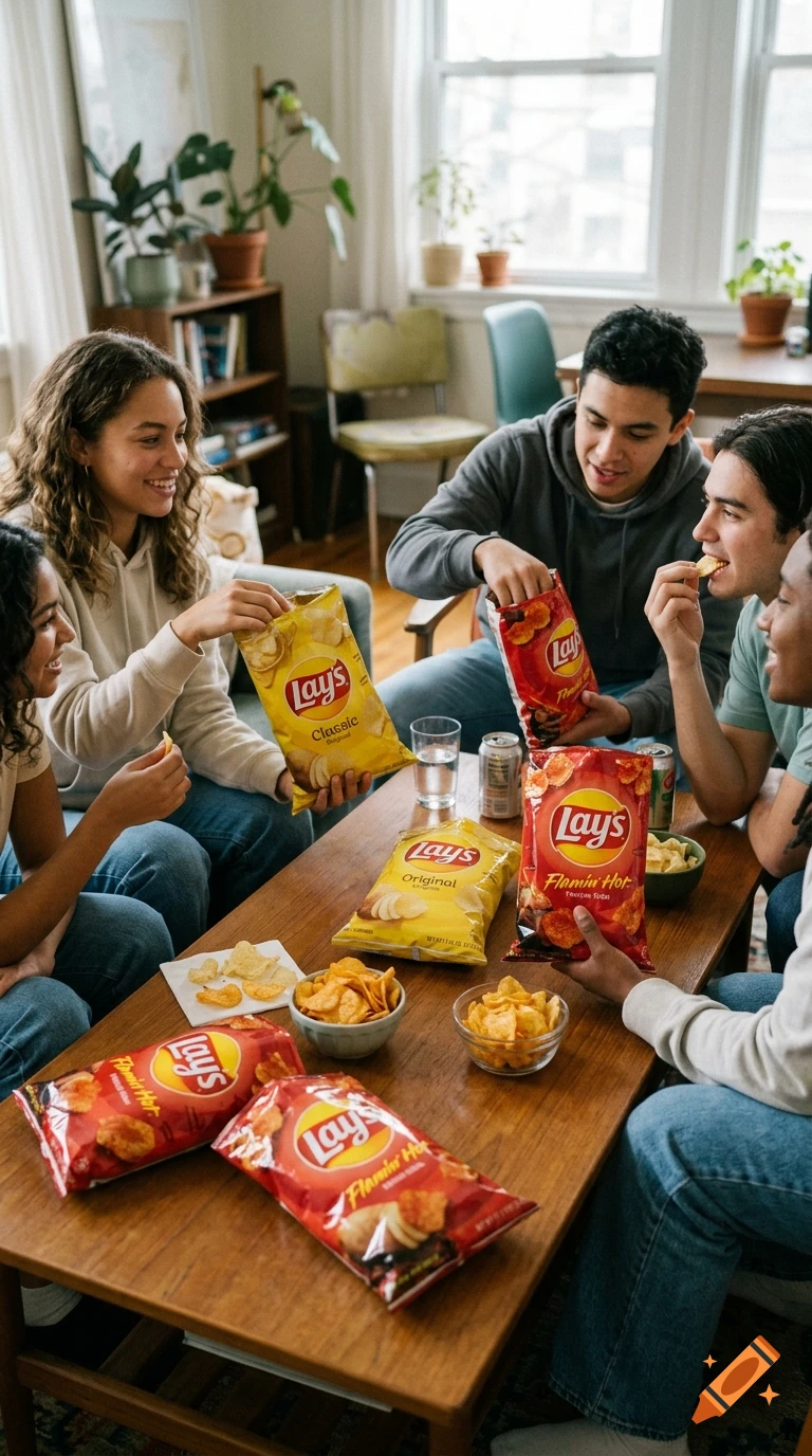 Group of friends smiling and eating Lay's potato chips around a coffee table in a brightly lit living room.