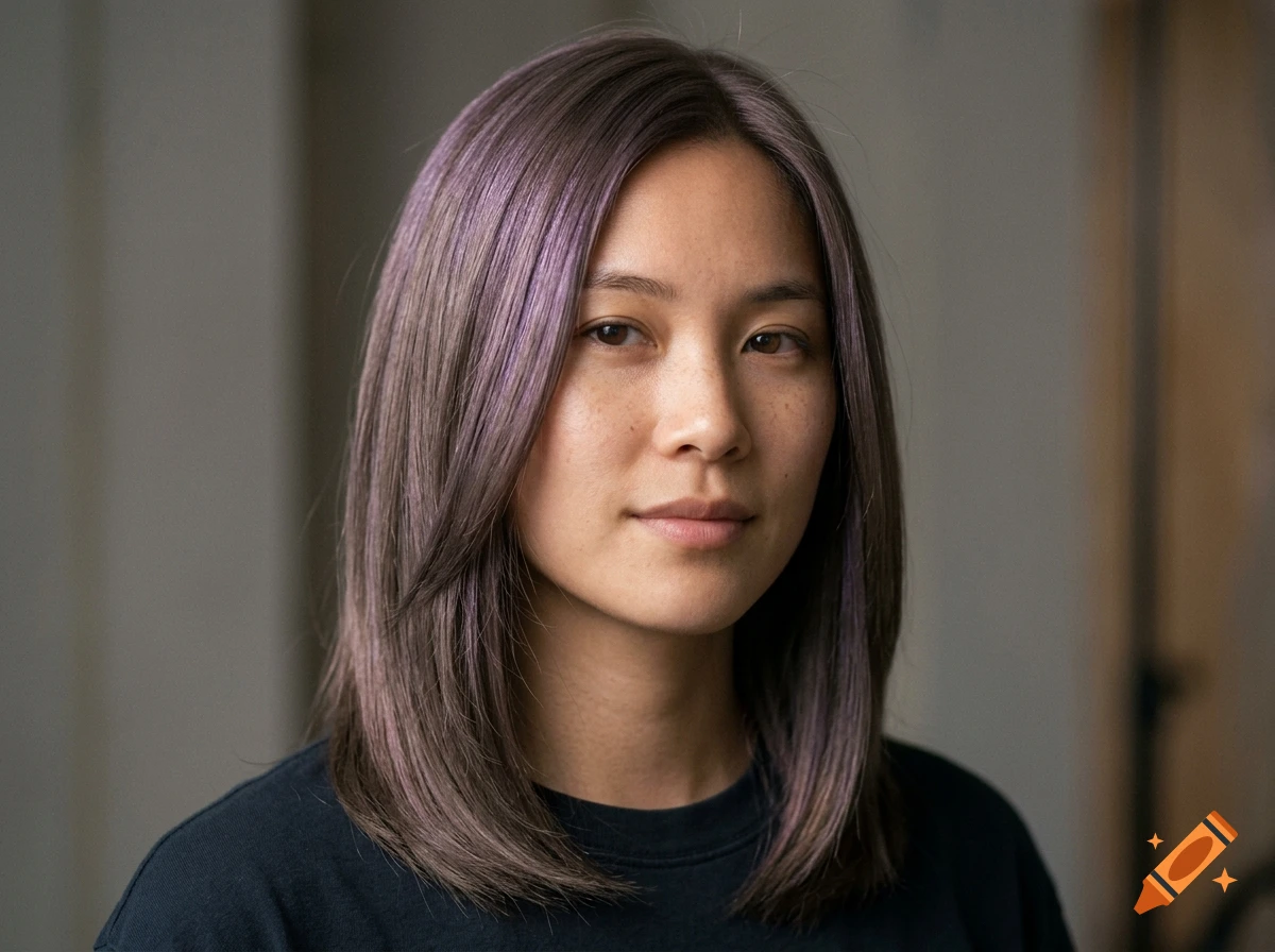 Photorealistic portrait of a young woman with medium-length ash-brown hair with metallic purple highlights, looking directly at the camera.
