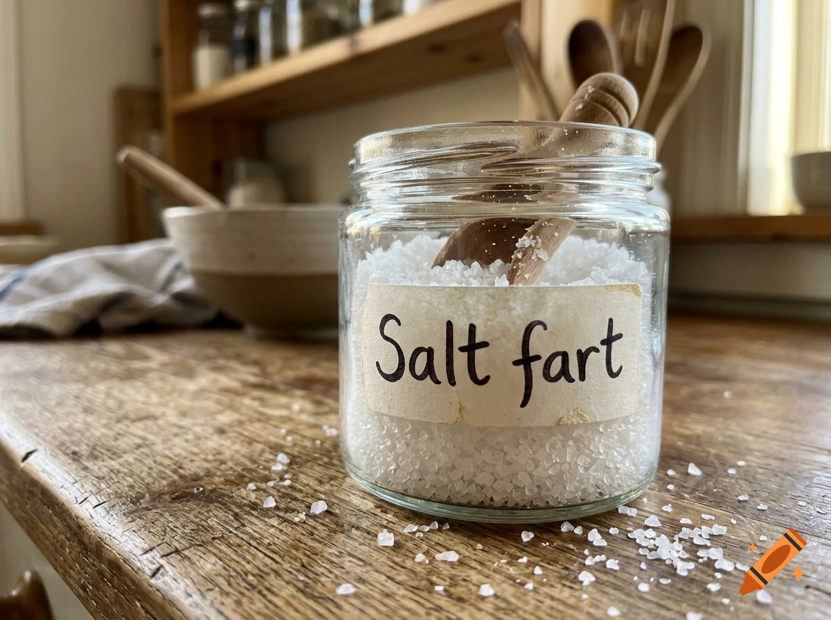 A close-up photorealistic shot of a glass jar filled with coarse white salt, with a wooden scoop inside and a handwritten label reading Salt fart, sitting on a wooden kitchen counter.