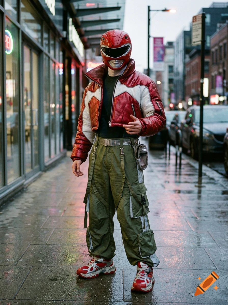 Photorealistic shot of a person wearing a Power Ranger red helmet and Y2K puffer jacket standing on a wet city sidewalk.