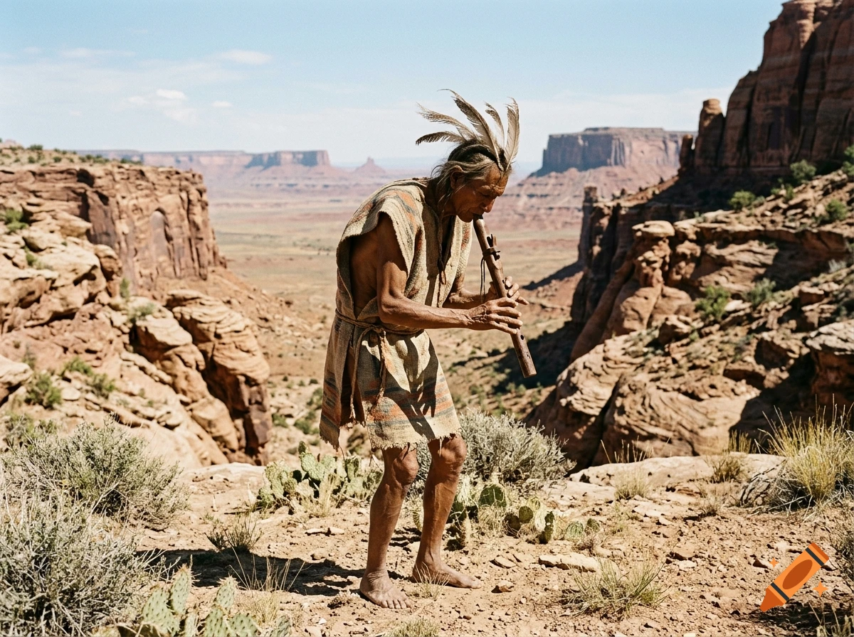 Photorealistic depiction of a Native American man wearing a feathered headdress and playing a flute in a desert canyon setting.
