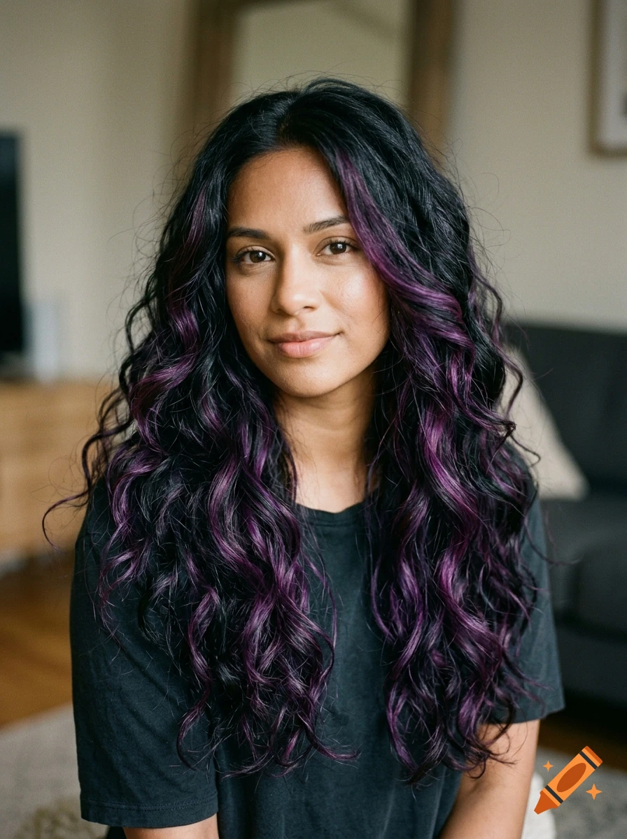 Portrait of a woman with tan skin and long wavy black hair with amethyst streaks, wearing a black t-shirt.