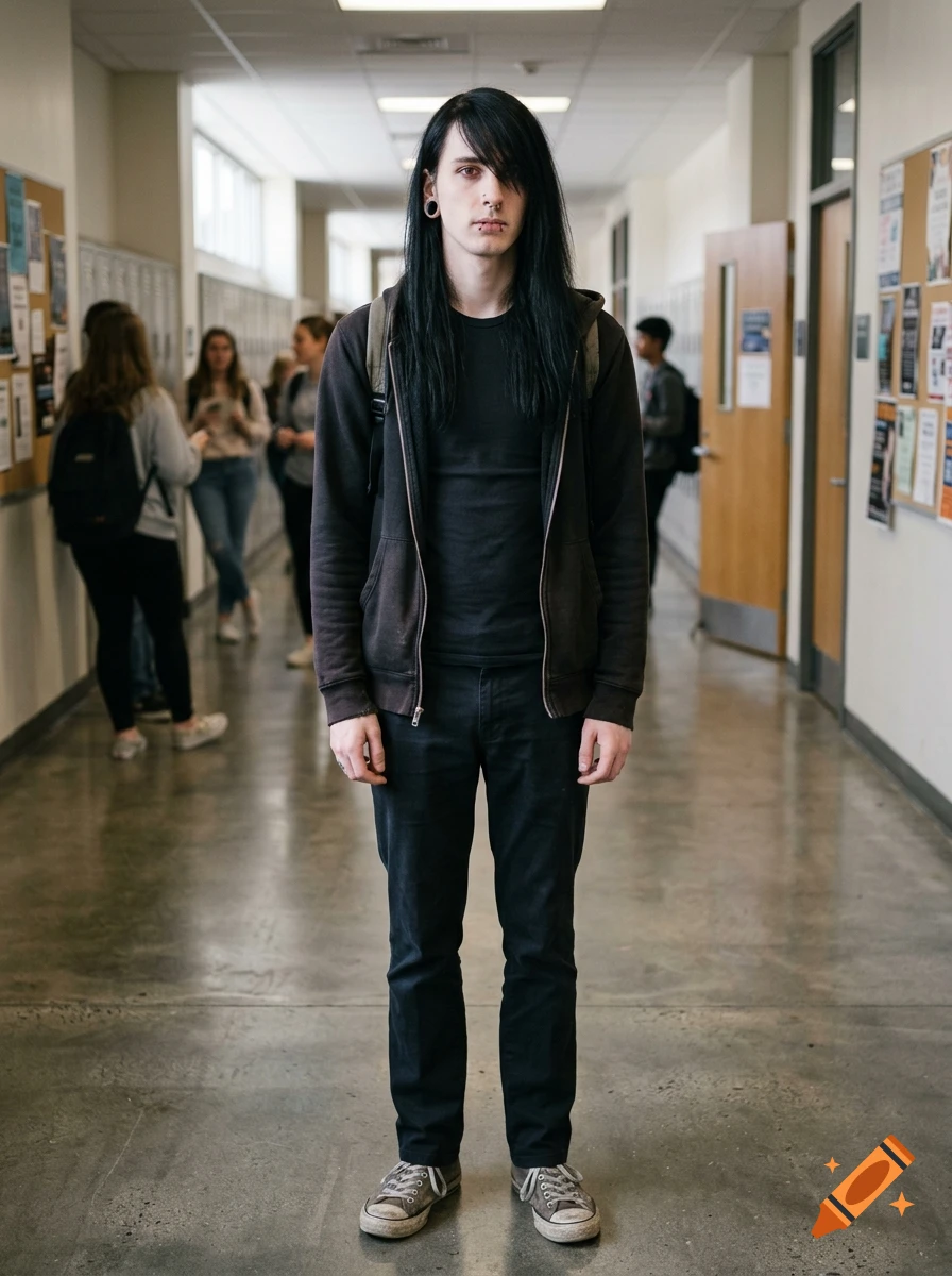 Full-length photograph of a tall young male student with long black hair standing in a school hallway.
