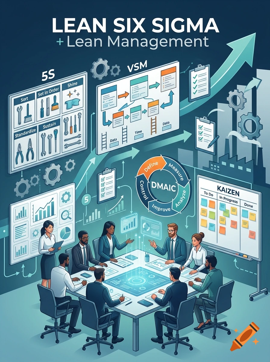 Isometric vector illustration of a business team in a meeting room, surrounded by Lean Six Sigma tools and diagrams.