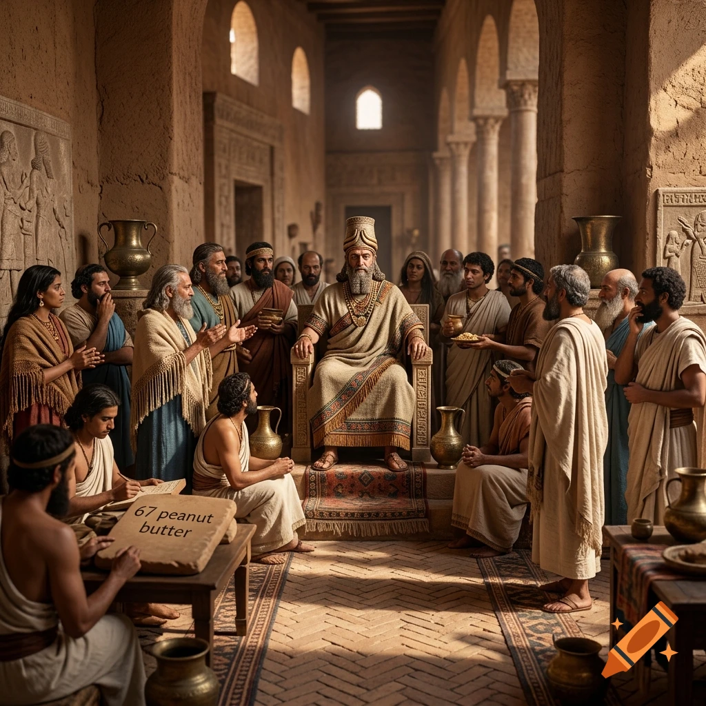 Photorealistic scene of an ancient Sumerian king on a throne surrounded by subjects writing on clay tablets.