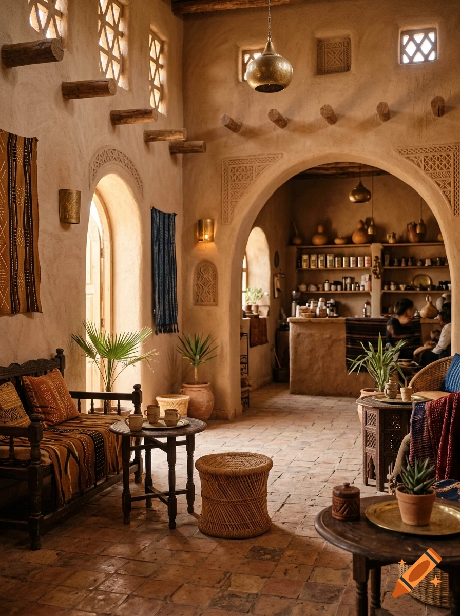 Photorealistic interior view of a cozy cafe with Sudano-Sahelian architecture, featuring clay walls, arched doorways, and traditional furnishings.