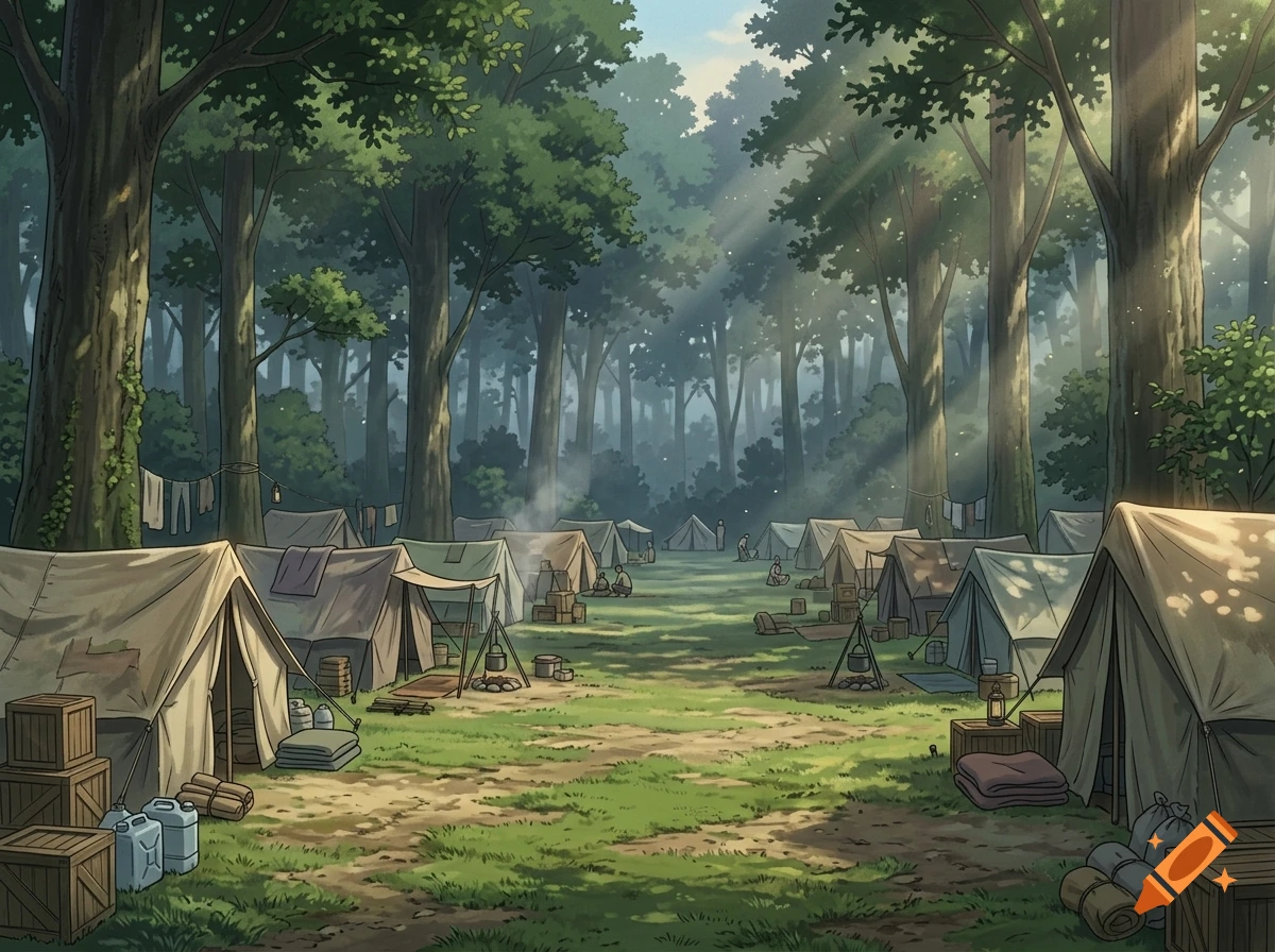 An anime style illustration of a lush forest clearing filled with refugee tents, campfires, and dappled sunlight filtering through tall trees.