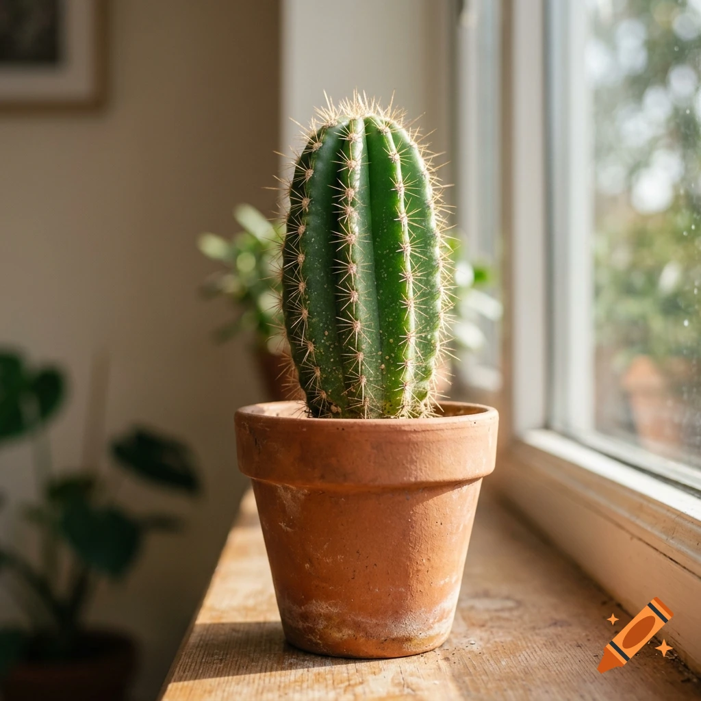 Photorealistic image of a green cactus in a terracotta pot on a wooden windowsill.