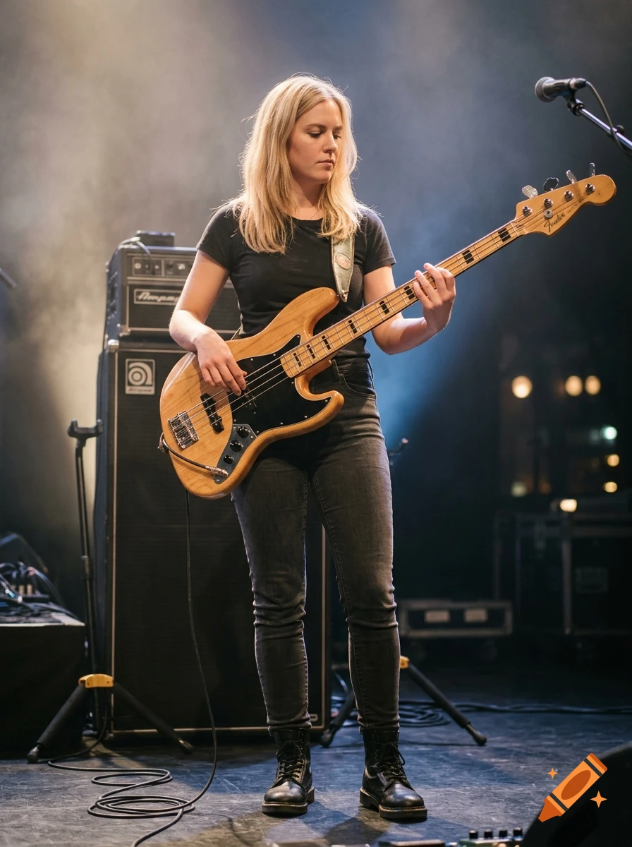 A blonde woman playing a bass guitar on stage with amplification equipment in the background, photorealistic.