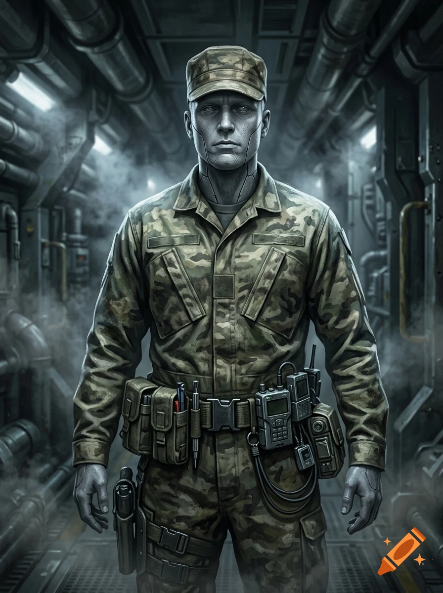 Realistic sci-fi portrait of a male android soldier in a camouflage jumpsuit standing in a futuristic industrial corridor.