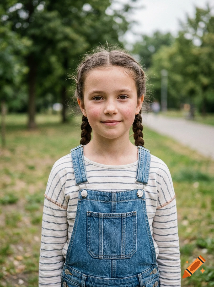 Photorealistic portrait of a young girl with braided hair wearing striped shirt and denim overalls in a park.