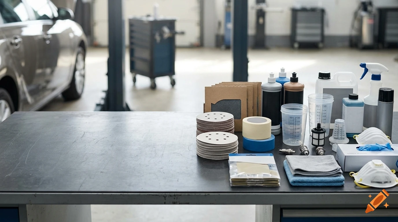 Photorealistic workbench in a car body shop filled with various consumables like abrasives, tapes, and bottles.