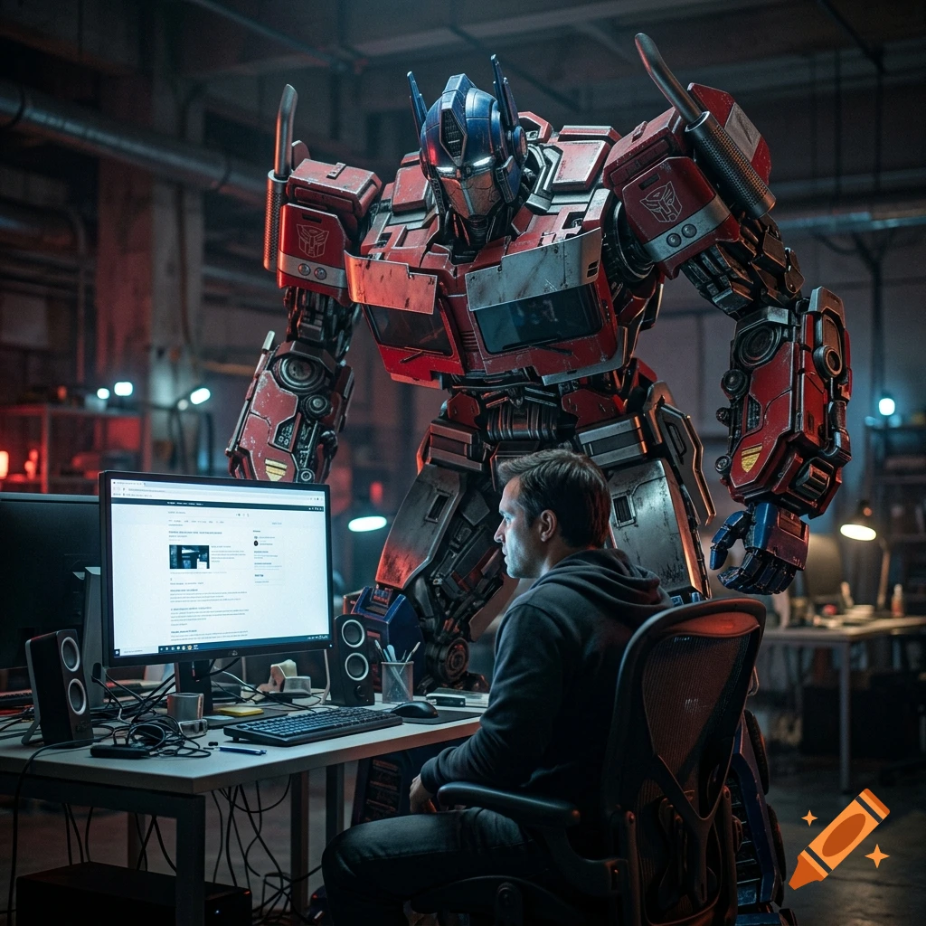 Photorealistic scene of a large red and blue robot resembling Optimus Prime standing menacingly behind a man using a computer in a workshop.