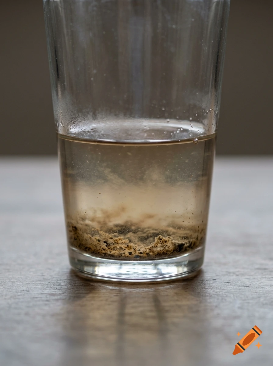 A clear glass of murky liquid with sediment settled at the bottom, resting on a wooden surface.