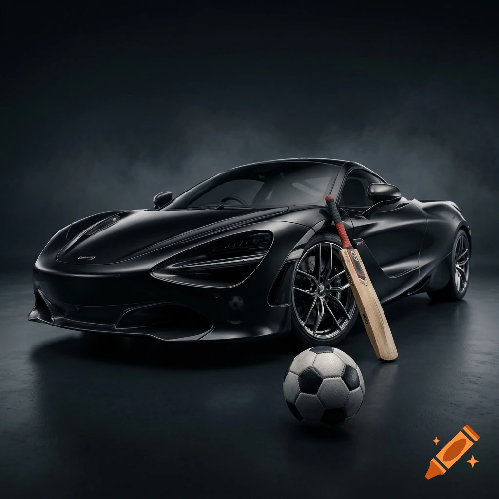Photorealistic black sports car parked on a dark surface with a cricket bat and soccer ball in the foreground.