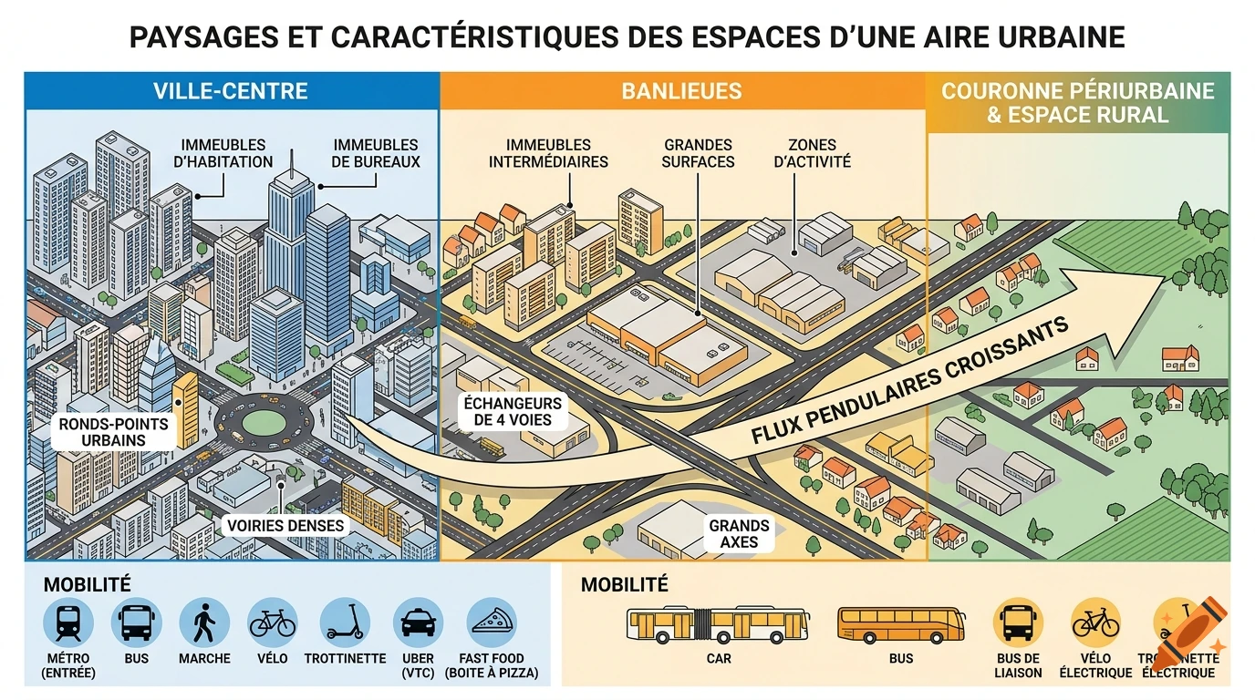 French urban area geography infographic illustrating city center, suburbs, and rural fringe with color codes.