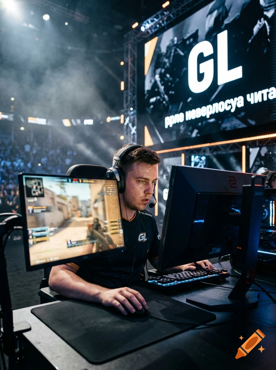 A young male esports player focused on playing Counter-Strike 2 in a large gaming arena with stage screens.