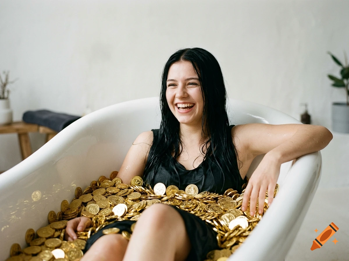 A young woman with long black hair laughing while sitting in a white bathtub filled with shiny gold coins, against a white wall.
