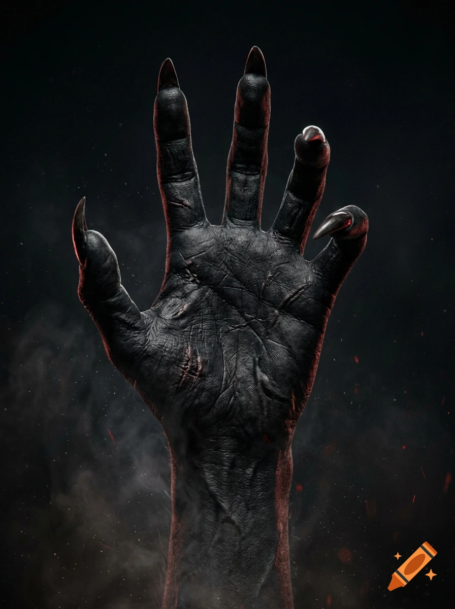 Photorealistic close-up of a demonic black hand with long, sharp claws reaching up against a dark, smoky background.
