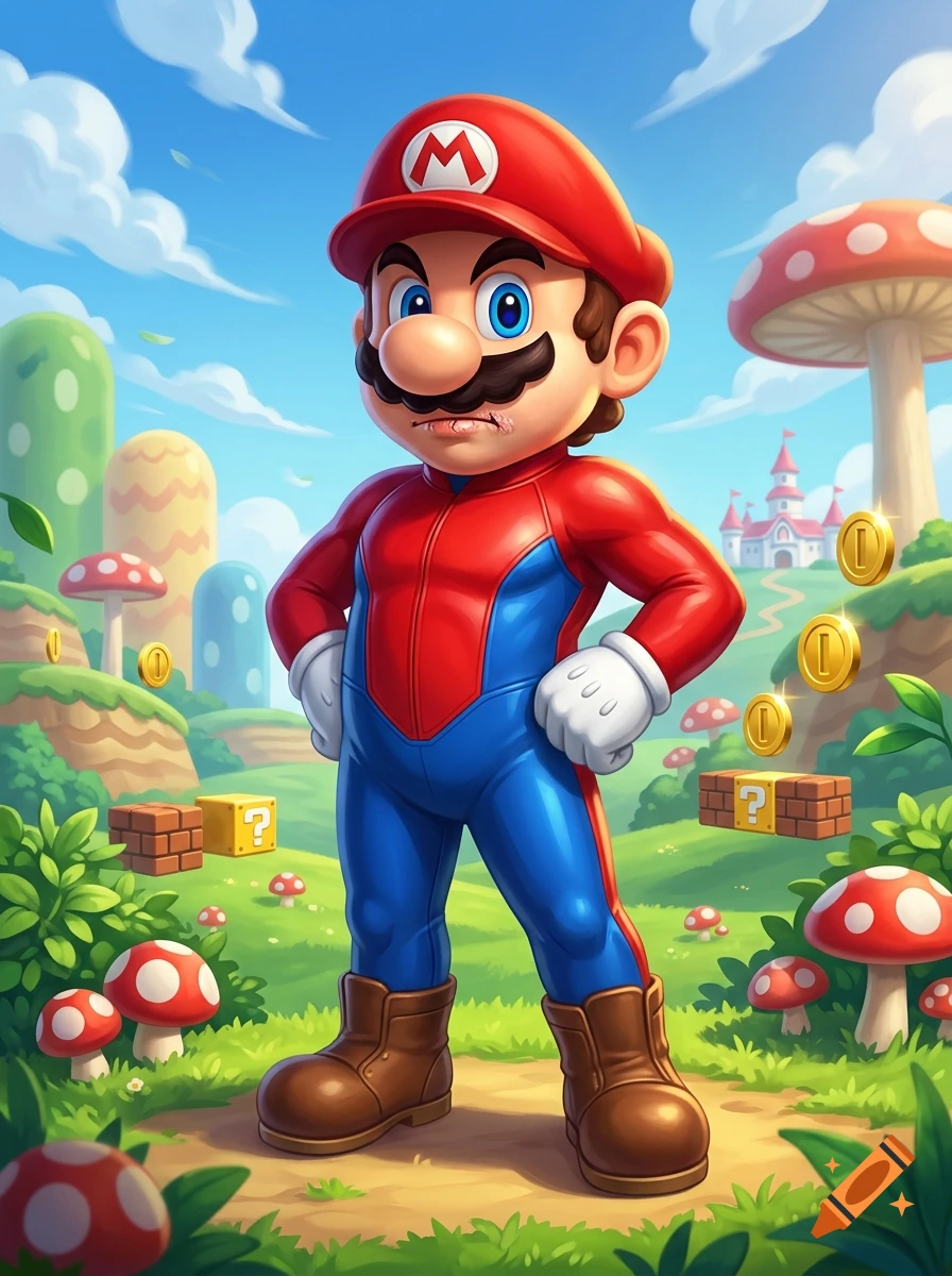 Digital illustration of Mario standing in a vibrant fantasy landscape with mushrooms and floating coins, wearing spandex and boots.