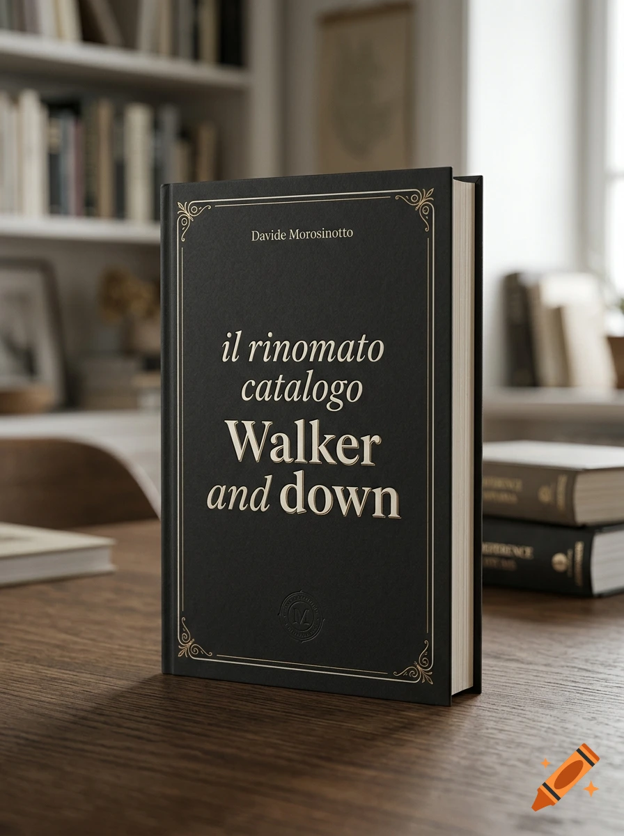 Photorealistic close-up of a black hardcover book with gold embossed title on a wooden table in a brightly lit room.