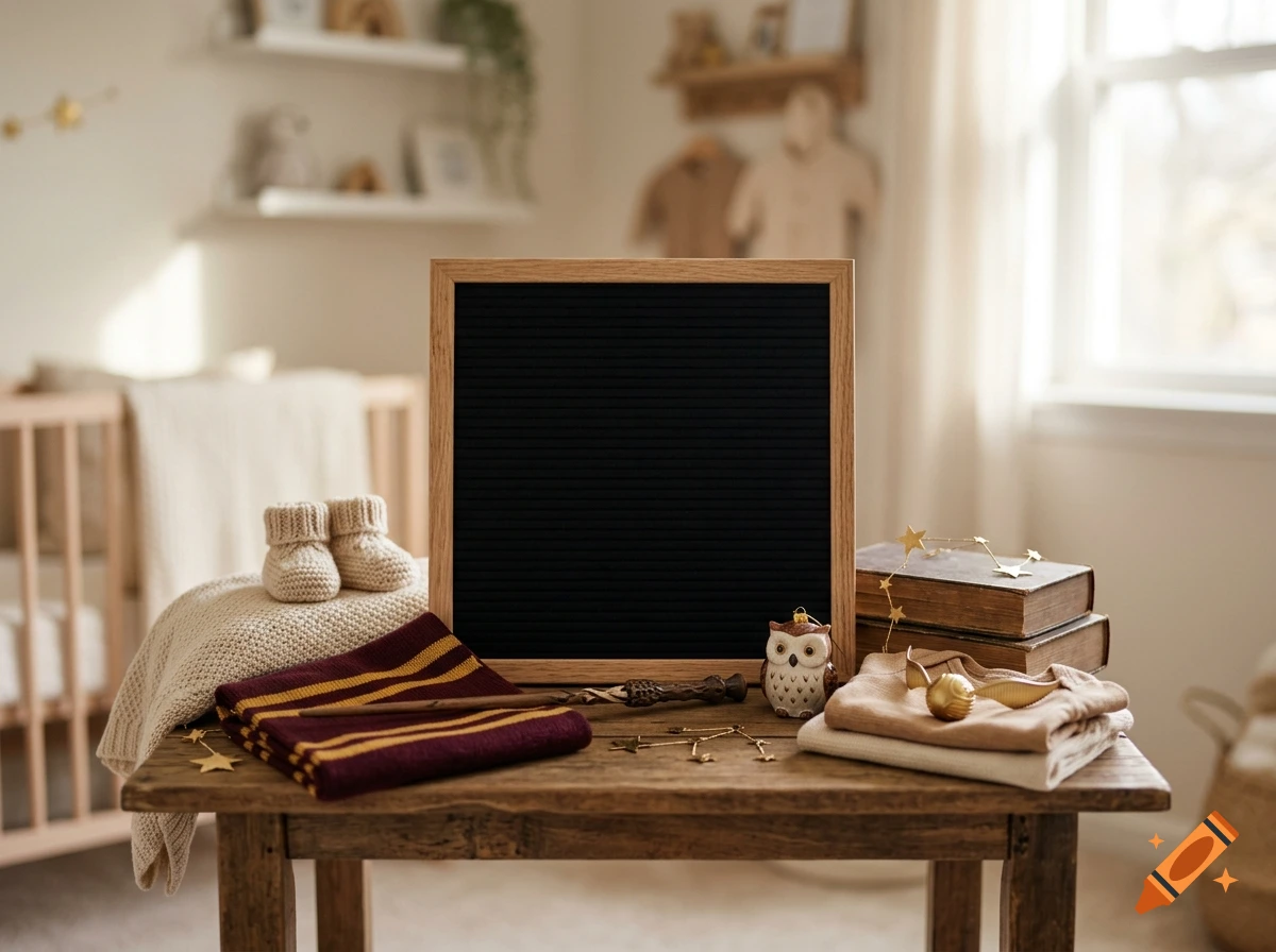 Photorealistic baby announcement setup on a wooden table with a black letterboard, knitted baby booties, a Hogwarts scarf, and a golden snitch.