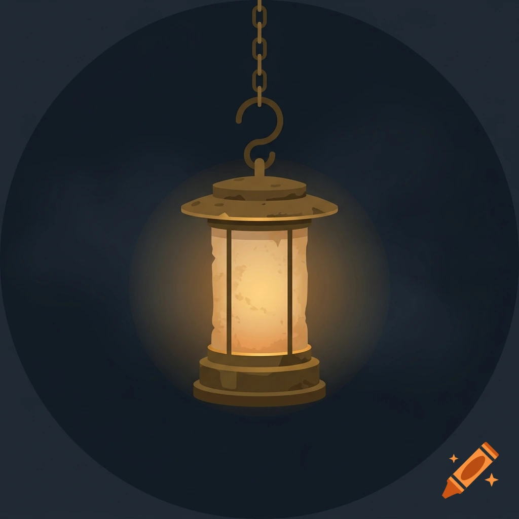 Painterly illustration of a single glowing paper-and-brass lantern hanging from a chain against a dark background.
