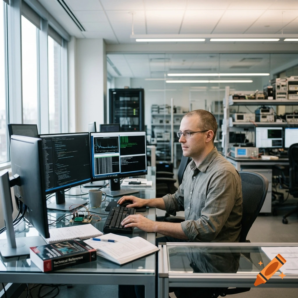 Photorealistic image of a computer scientist working at his desk with multiple monitors in a modern office.
