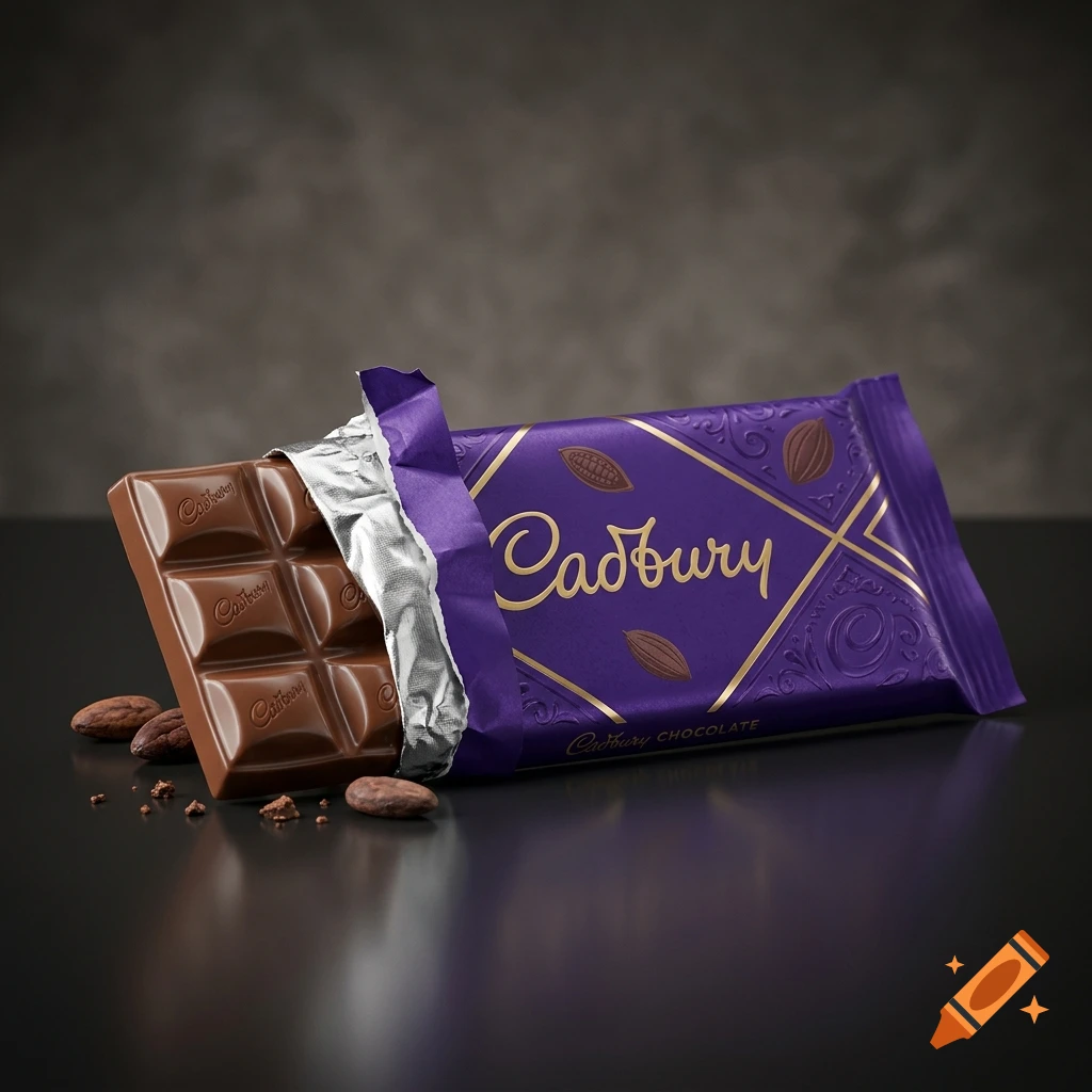 Photorealistic image of an open Cadbury chocolate bar with almonds on a dark surface.