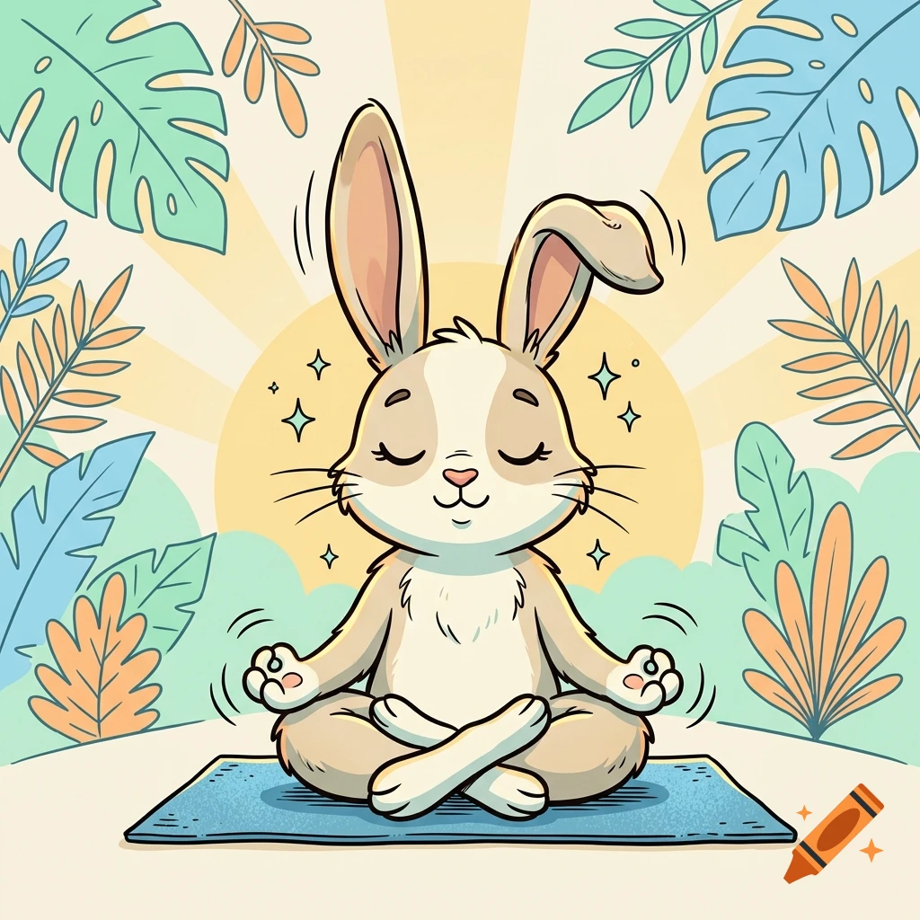 A cute cartoon rabbit meditating in a lotus position on a yoga mat, surrounded by tropical leaves.