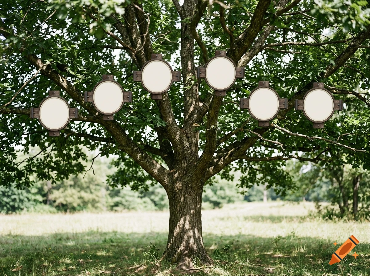 A large leafy tree with six circular wooden frames hanging horizontally across its branches in a grassy field.