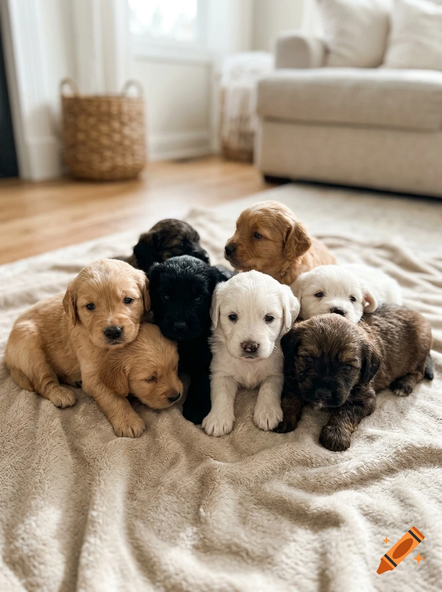 A close-up, photorealistic photo of a group of seven adorable puppies cuddling together on a soft beige blanket in a living room.