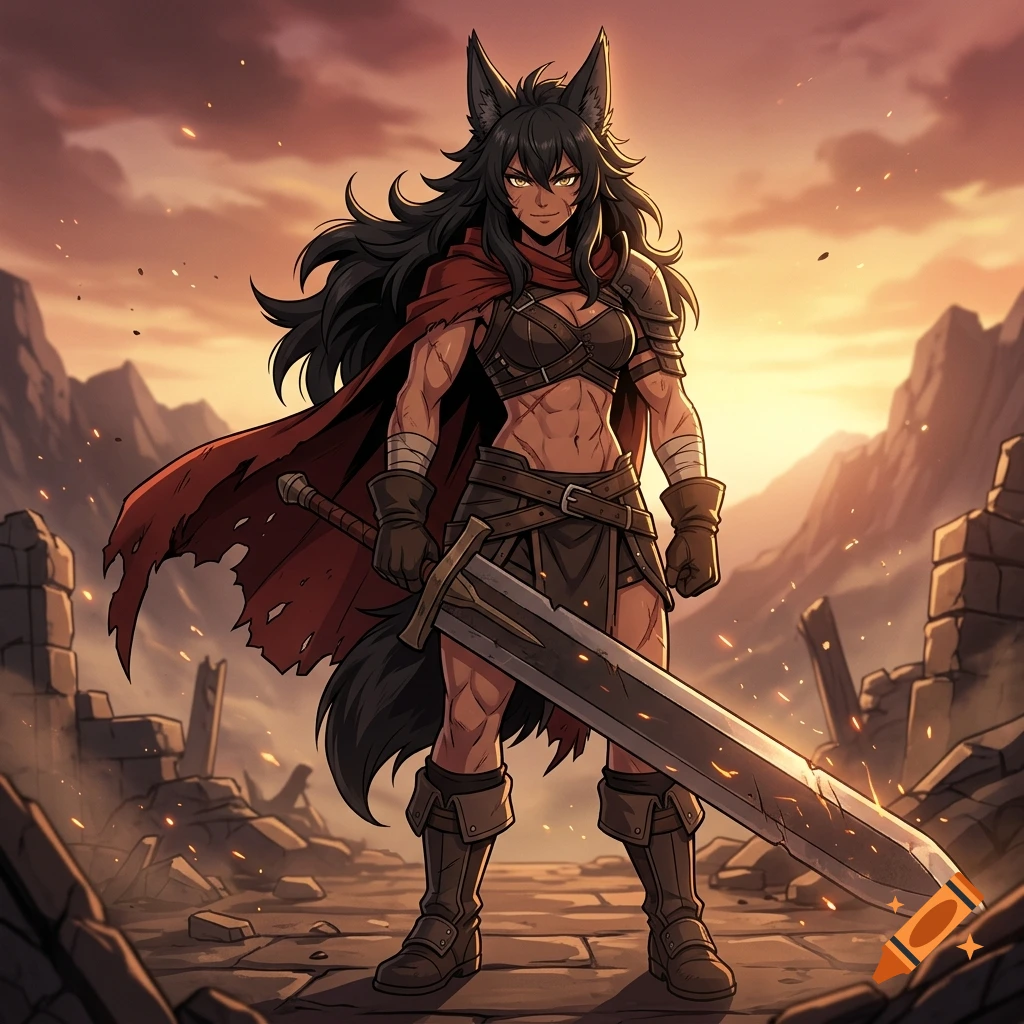 Anime style illustration of a muscular wolf-girl warrior standing amidst ruined landscape at sunset, holding a large sword.
