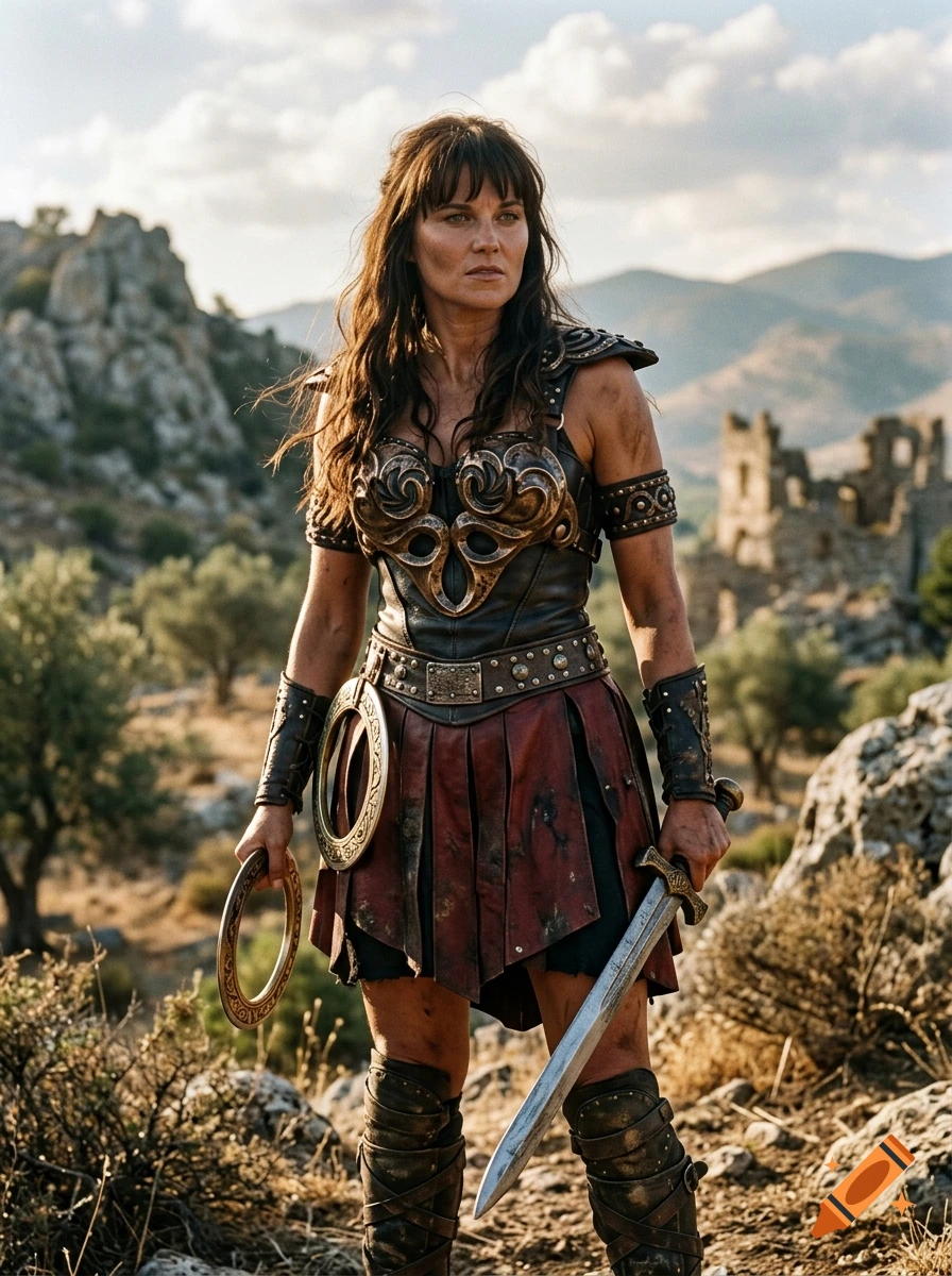 Photorealistic image of Xena the Warrior Princess holding a sword and chakram in a rocky landscape with ruins in the background.